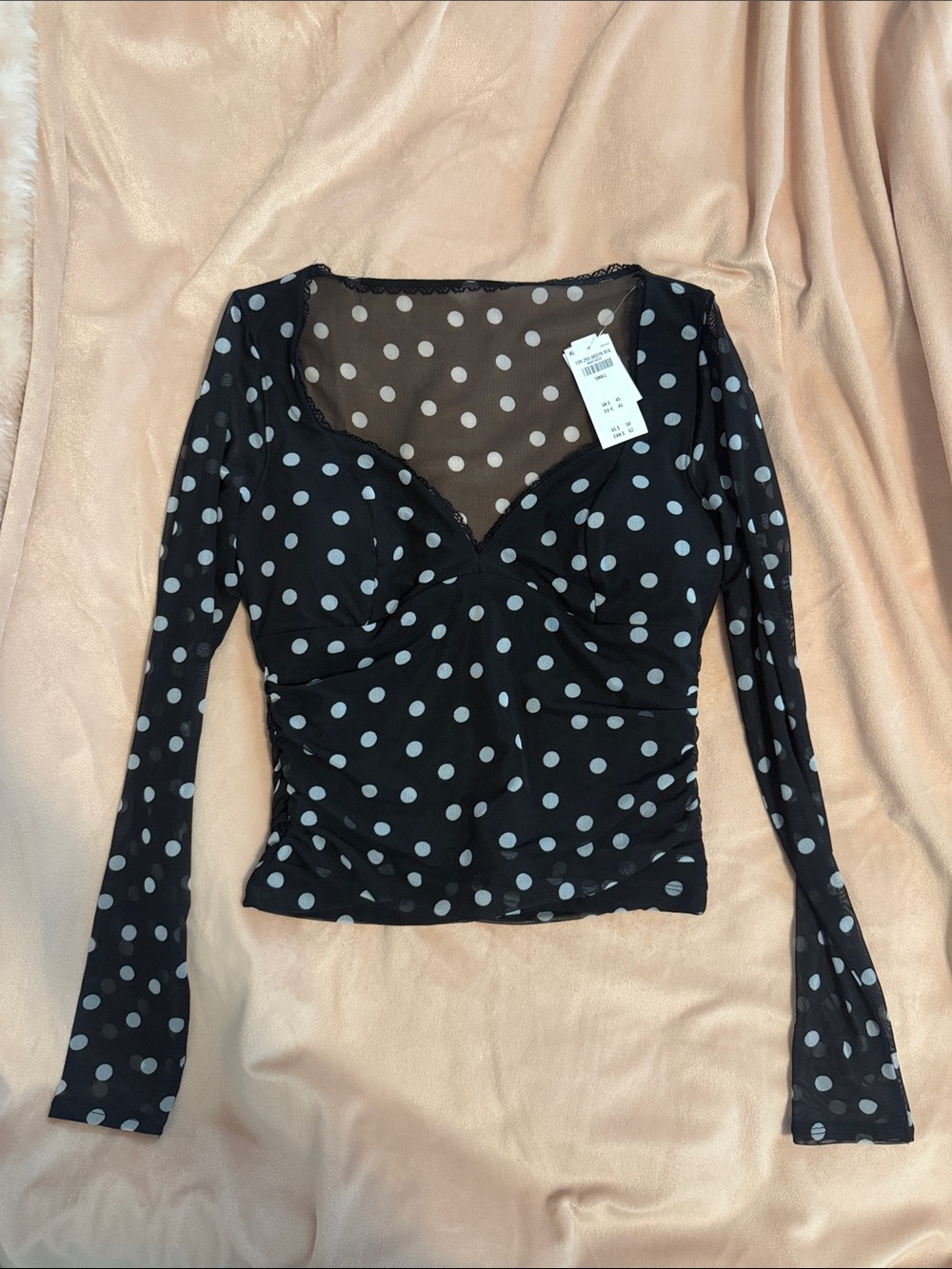 Abercrombie & Fitch Black Long-Sleeve Polka Dot Mesh Top